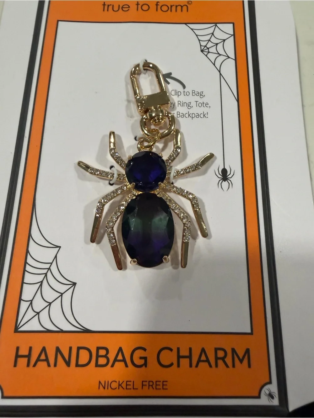 True To Form Gold Spider Handbag Charm with Purple-Green Stones